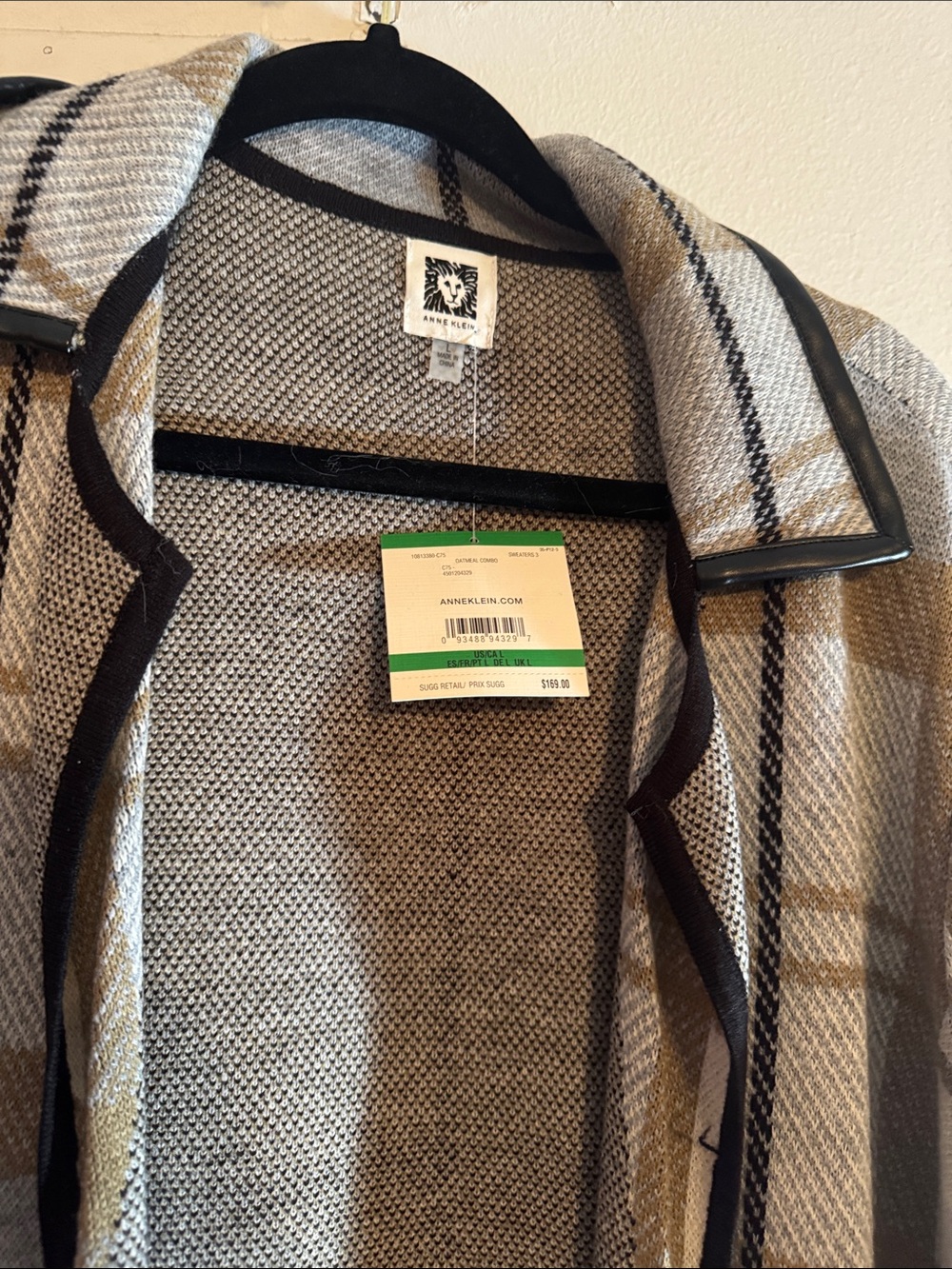Anne Klein Beige and Black Open Front Plaid Long Cardigan Coat - Picture 4 of 5